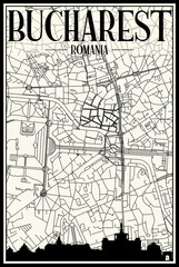 Obraz premium Light printout city poster with panoramic skyline and hand-drawn streets network on vintage beige background of the downtown BUCHAREST, ROMANIA