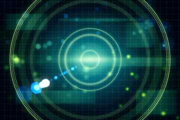 Abstract blurry dark lens or round interface background with grid and blurry bokeh circles. Space, sci fi and flare concept. 3D Rendering.