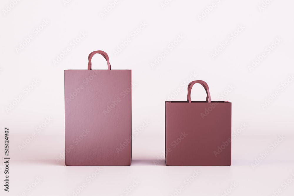 Poster Two empty pink shopping bags on light background. Purcashe and mock up place concept. 3D Rendering.