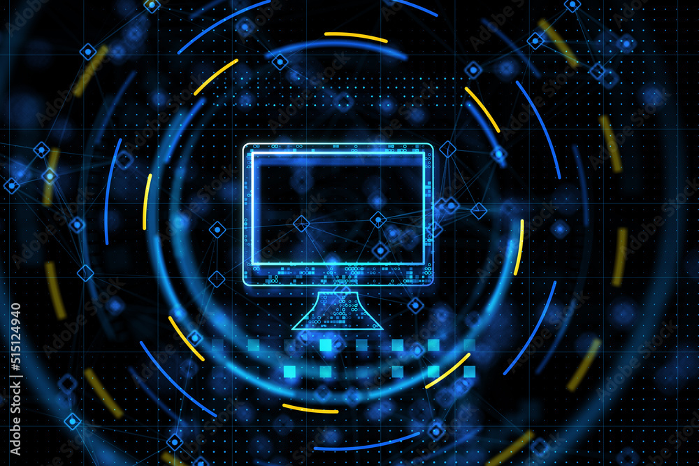 Fototapete Computer network concept with digital computer design icon surrounded in abstract blue and yellow circles on technological background. 3D rendering