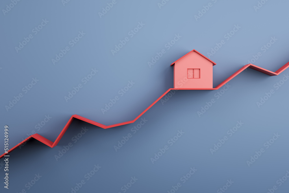 Poster real estate market and property value increase concept with red house layout on rising red line grap