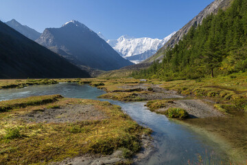 Belukha Mountain view. Akkem river. Mountain valley. Altai Mountains, Russia.