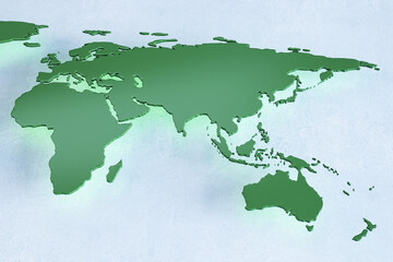 Creative green world map on light backdrop. Geography and education concept. 3D Rendering.
