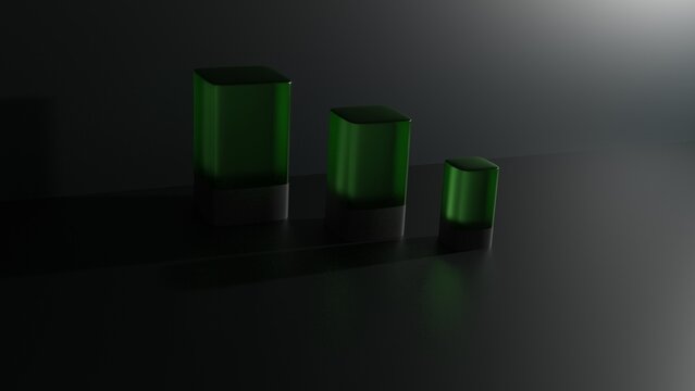 3d abstract decore with toxic green glasses cubes on dark grey background, 3d render