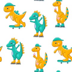 Cute seamless pattern with dinosaurs in cap driving on skateboard