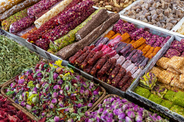 Traditional Azerbaijani cuisine ingredients dried fruit and herbs at the local market in Baku, Azerbaijan.