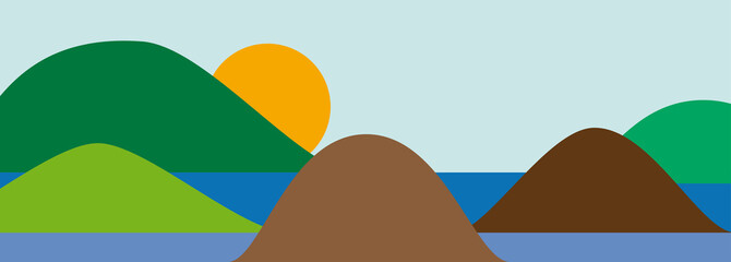 Archipelago and islands with the sun on the horizon. Simple illustration in flat design