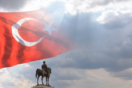 Monument of Mustafa Kemal Ataturk and Turkish flag. Turkish public days