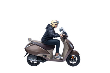 Asian woman with a helmet and jacket sitting on a scooter © Leo Lintang