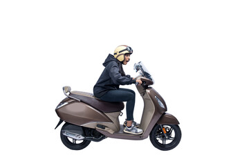 Fototapeta na wymiar Asian woman with a helmet and jacket sitting on a scooter