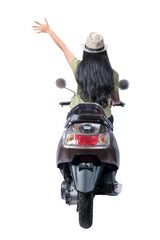Fototapeta na wymiar Rear view of Asian woman with a hat sitting on a scooter