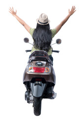 Rear view of Asian woman with a hat sitting on a scooter