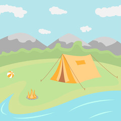Tent is on river bank. Recreation in nature near lake. Camping. Fire is burning. Tourism. Mountain landscape. Flat vector illustration