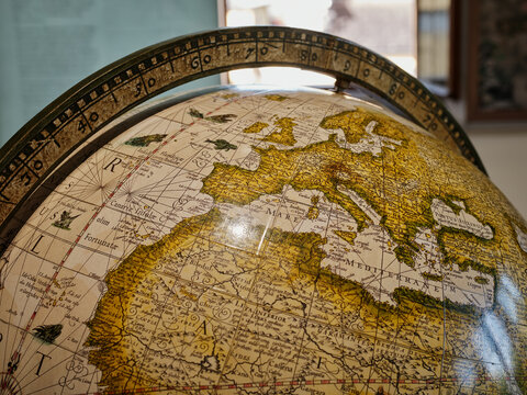Close-up of an antique globe showing Europe and North Africa at Hellbrunn Palace, Austria