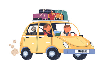 Young Man and Woman Traveling by Car with Luggage Trunks on Roof and Cat Looking in Window Having Trip on Vacation Vector Illustration