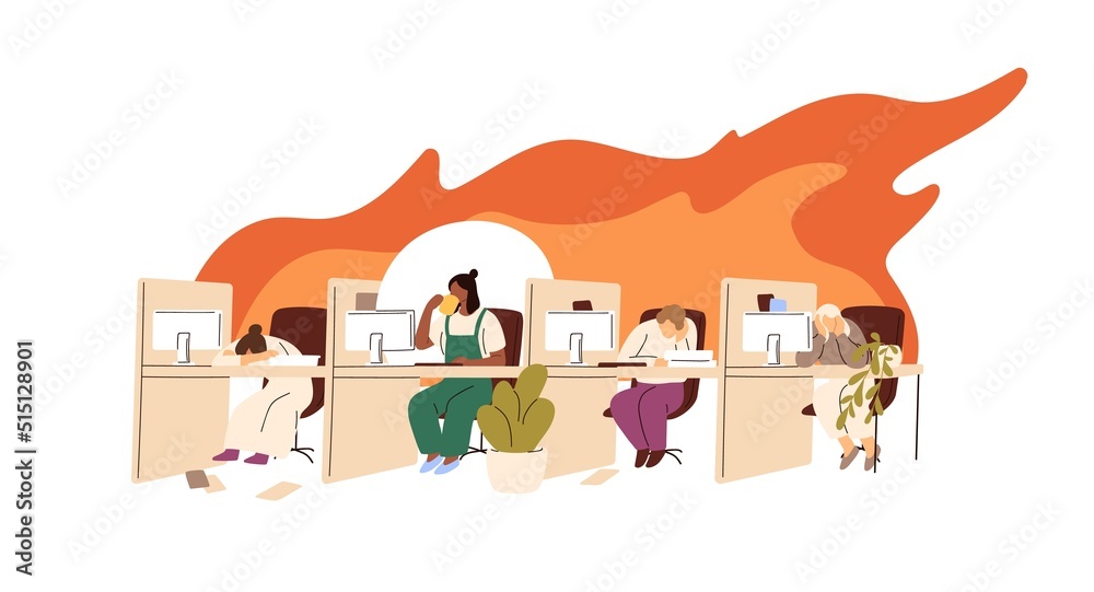 Poster burnout of employees concept. office worker works among exhausted, overloaded colleagues burning in 