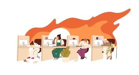 Burnout of employees concept. Office worker works among exhausted, overloaded colleagues burning in fire. Effective vs ineffective managers. Flat vector illustration isolated on white background