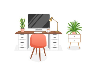 Cozy workplace with houseplants. Modern interior for home office with computer, cabinet, remote work, freelance, education. Vector illustration in flat cartoon style. Comfortable workspace and room.