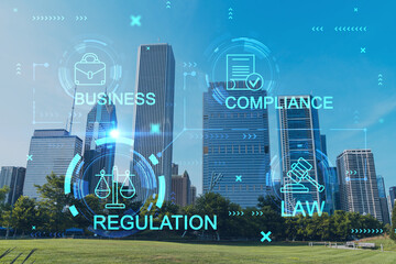 Chicago skyline, Butler Field towards financial district skyscrapers, day time, Illinois, USA. Parks and gardens. Legal icons hologram. The concept of law, order, regulations and digital justice