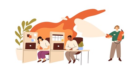 Burnout prevention at work concept. HR cooling down exhausted stressed overworked bored office workers in fire. Boss preventing employees crisis. Flat vector illustration isolated on white background