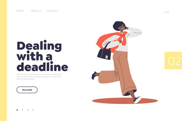Dealing with deadline concept of landing page with young woman late to work run talking on phone
