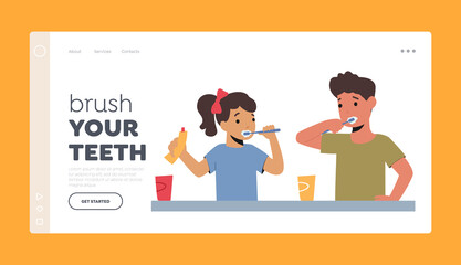 Kids Brushing Teeth Landing Page Template. Happy Characters with Toothbrush and Paste Dental Hygiene Procedure
