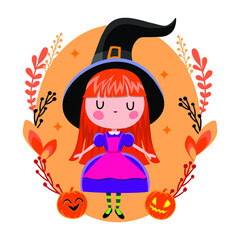
little witch in oval frame on the white background
