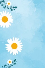 Beautiful floral white daisy flowers on light blue background. concept romantic, spring, web banners, covers, screensavers, frame
