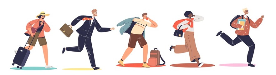 Set of people late to work. Cartoon men and women in hurry running and rushing forward