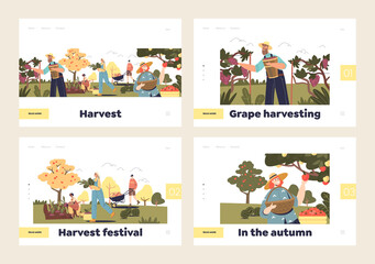 Fototapeta premium Autumn harvest and gardening concept of template landing pages set with people working on farm