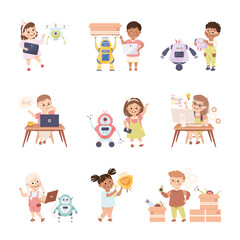 Little Kids Using Smart Technology and Artificial Intelligence Engineering and Programming Vector Set