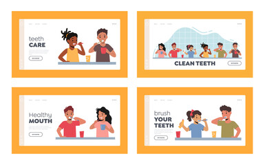 Kids Brushing Teeth Landing Page Template Set. Little Characters Daily Routine, Hygiene Procedures. Children Clean Mouth