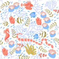 Fototapeta na wymiar Seamless underwear pattern with seabed and coral reef life