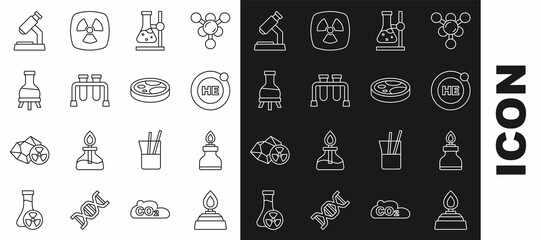 Set line Alcohol or spirit burner, Helium, Test tube flask on stand, Microscope and Petri dish with bacteria icon. Vector