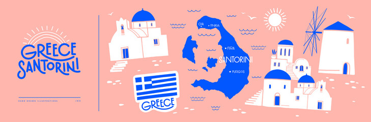 Collection of Greek architecture of Santorini Island. Map of the island and traditional white windmills, temples with blue roofs. Design elements for souvenir products. Vector illustration isolated.