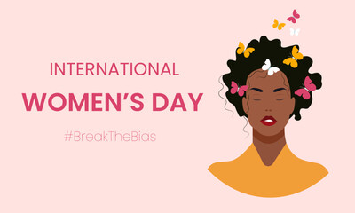 Horizontal poster with women of different ethnicities and cultures stand side by side together. International women’s day. 8th march. Break The Bias campaign. Illustration for banner, social networks.