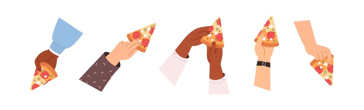 Hand Holding, Taking Triangle Pizza Slices Set. Italian Fast Food, Cut Snack Pieces. Salami Sausage And Cheese Fastfood Eating, Top View. Flat Graphic Vector Illustrations Isolated On White Background