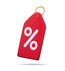 Discount icon. 3d price tag. Coupon with percentage for sale. Red label with percent for special offer. Shop promotion. Card for buy isolated on white background. Vector