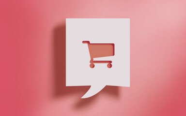 Shopping Cart Symbol in Square Speech Bubble on Living Coral Background