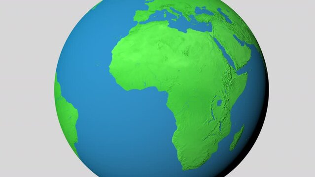 Seamless looping animation of the earth zooming in to the 3d map of South Sudan with the capital and the biggest cites in 4K resolution