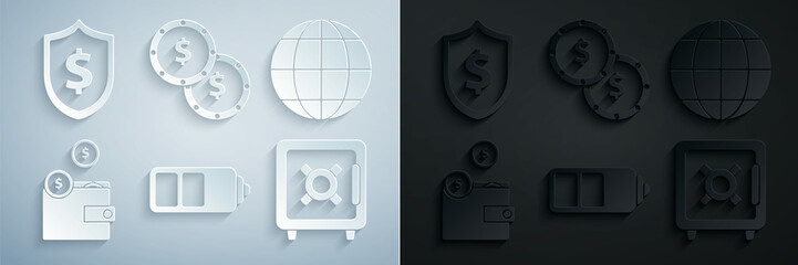 Set Battery charge level indicator, Earth globe, Wallet with coins, Safe, Coin money dollar symbol and Shield icon. Vector