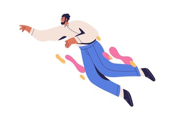 Man flying, floating in air. Creative energy, imagination, aspiration, inspiration concept. Inspired happy office worker in free flight. Flat graphic vector illustration isolated on white background