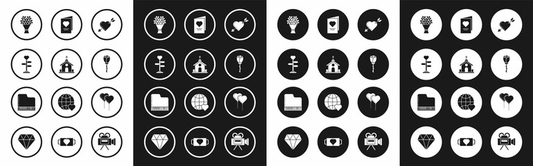 Set Amour symbol with heart and arrow, Church building, Signpost, Bouquet of flowers, Flower rose, Valentines day party flyer, Balloons form ribbon and Grand piano icon. Vector