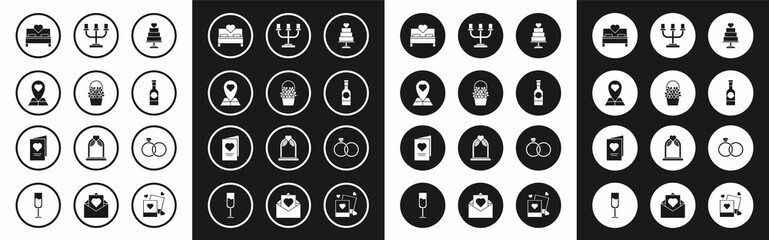 Fototapeta premium Set Wedding cake with heart, Flowers basket, Map pointer, Bedroom, Champagne bottle, Candlestick, rings and Valentines day party flyer icon. Vector