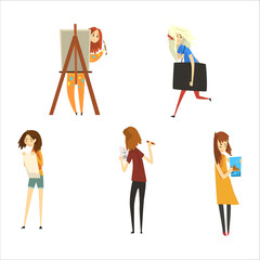 Woman Artist Drawing with Easel and Canvas or Paper Vector Big Set