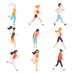 Woman Runner in Sportive Clothes Running and Jogging Engaged in Sport Activity Vector Set