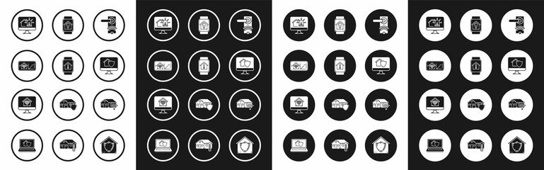 Set Digital door lock with wireless technology for unlock, Smart watch house temperature, Mobile phone smart home wi-fi, Computer monitor and alarm, under protection, light bulb, and icon. Vector