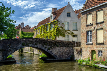 Naklejka premium Houses along the canals of Brugge or Bruges, Belgium