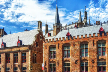 Several historical red houses in Bruges, Belgium