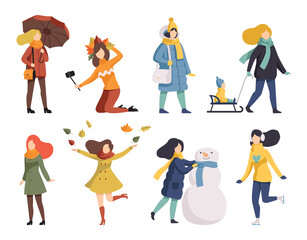Woman Dressed in Autumn and Winter Seasonal Clothing Walking, Building Snowman, Taking Selfie and Ice Skating Vector Set